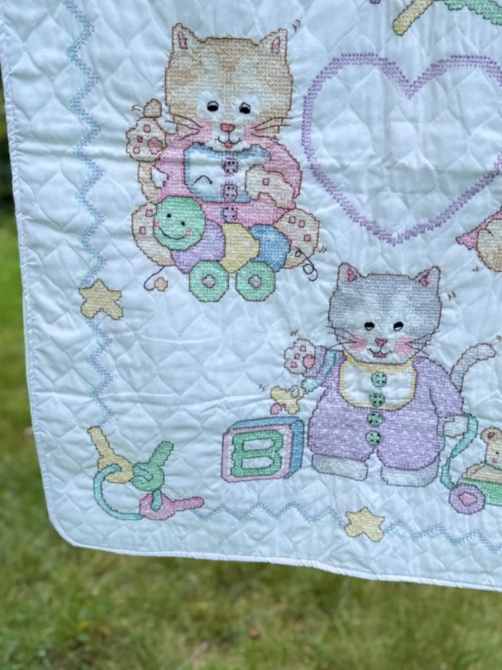 New 1990s Finished Baby Blanket Cross Stitch Kittens Cats Quilted Green Lining